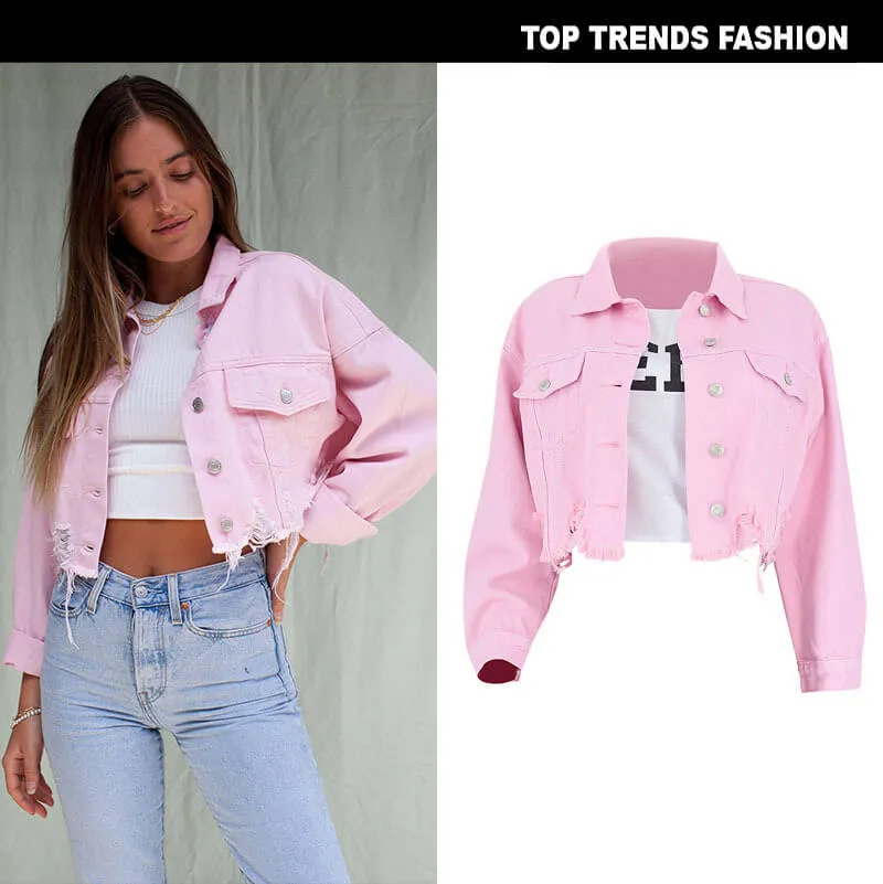 Women's Loose Denim Jean Button Down Classic Pink Jacket Coats