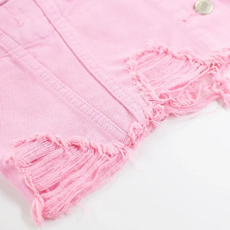 Women's Loose Denim Jean Button Down Classic Pink Jacket Coats