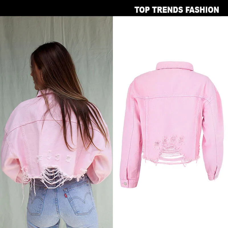 Women's Loose Denim Jean Button Down Classic Pink Jacket Coats