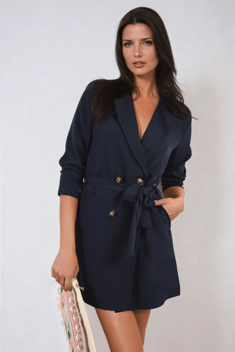 Womens Oversized Waist Tie Button Detail Blazer Jacket