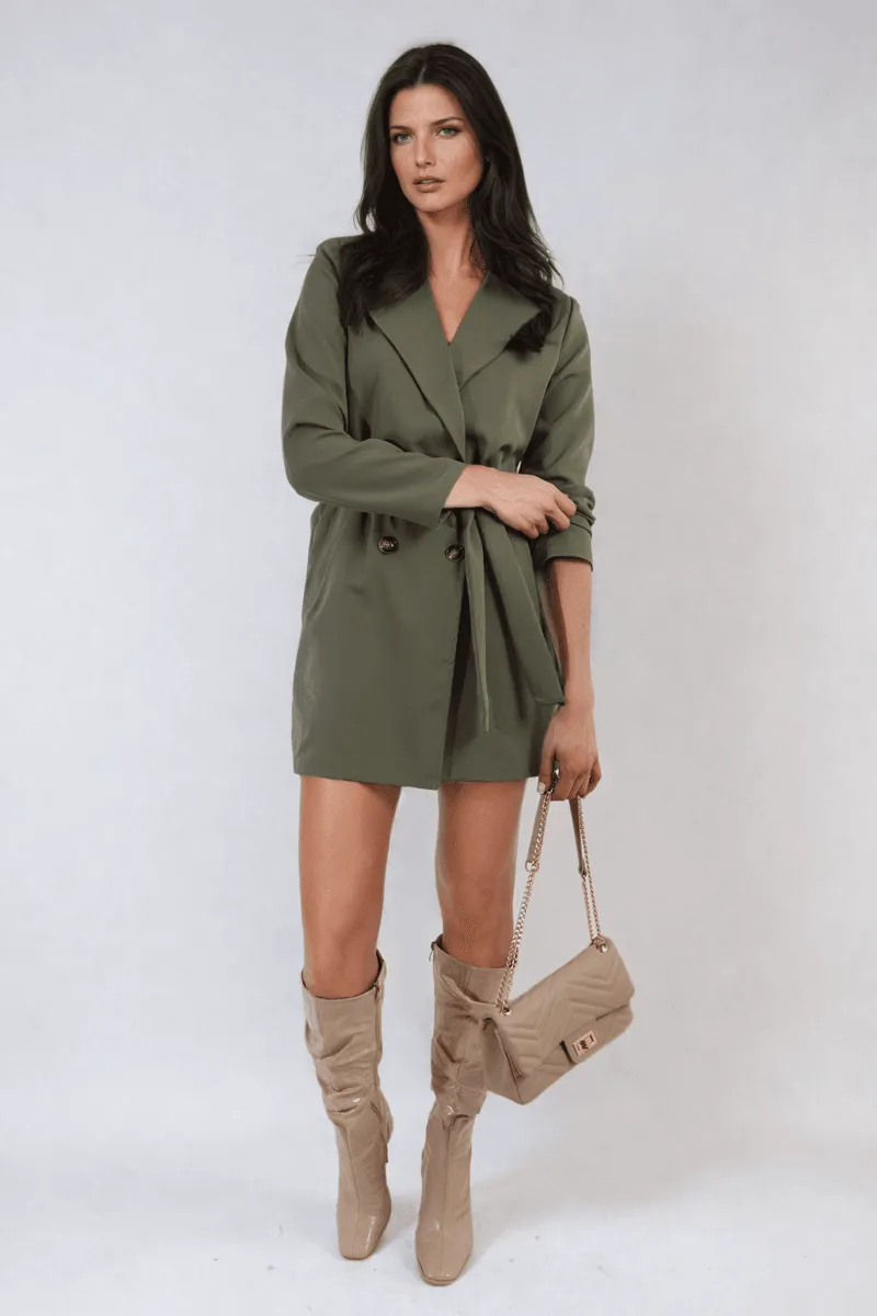 Womens Oversized Waist Tie Button Detail Blazer Jacket