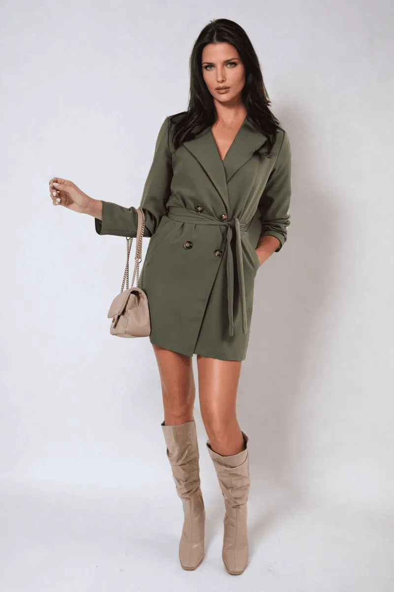 Womens Oversized Waist Tie Button Detail Blazer Jacket
