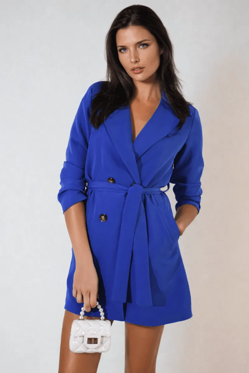 Womens Oversized Waist Tie Button Detail Blazer Jacket