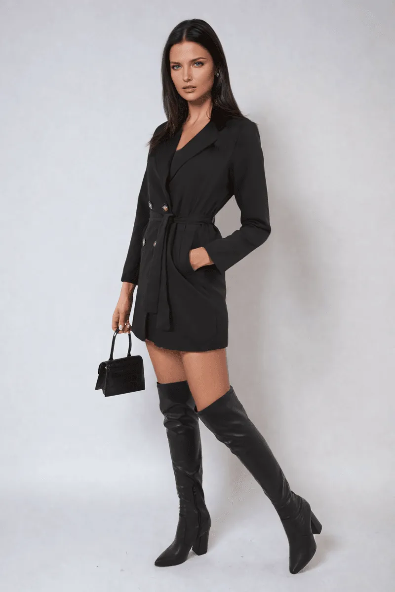 Womens Oversized Waist Tie Button Detail Blazer Jacket