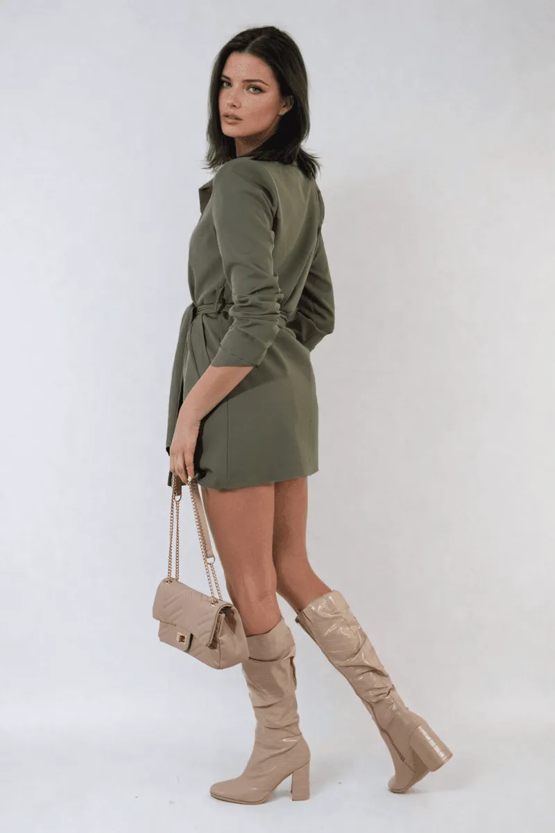 Womens Oversized Waist Tie Button Detail Blazer Jacket