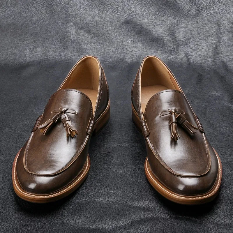 Women's Tassel Round Toe Split Leather Loafers