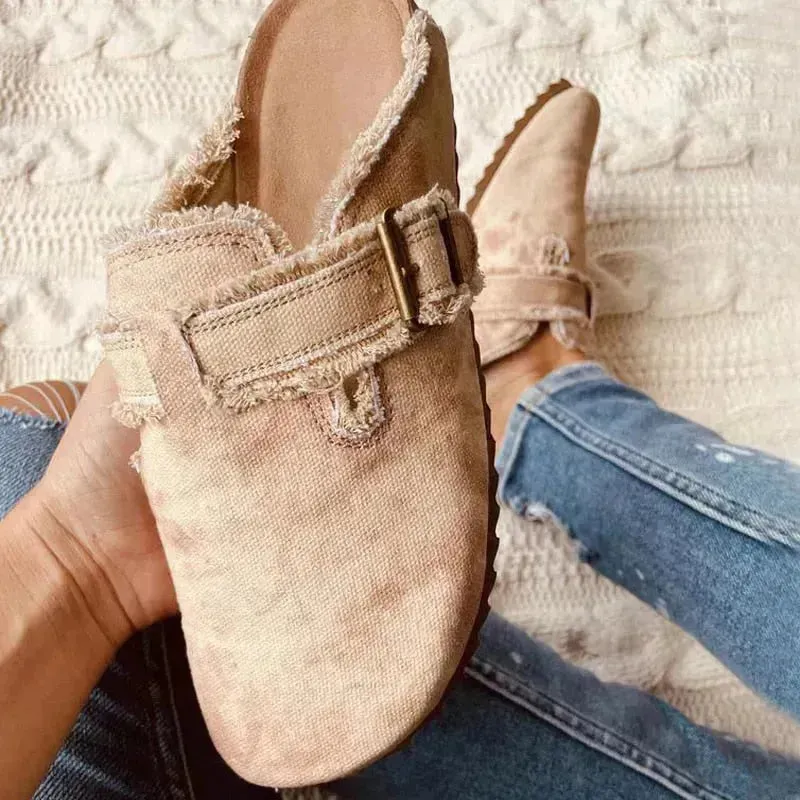 Women's Vintage Canvas Loafers - Flat Heel Round Toe Clogs