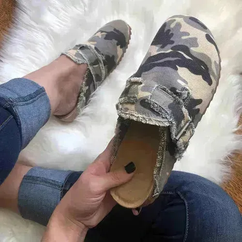 Women's Vintage Canvas Loafers - Flat Heel Round Toe Clogs