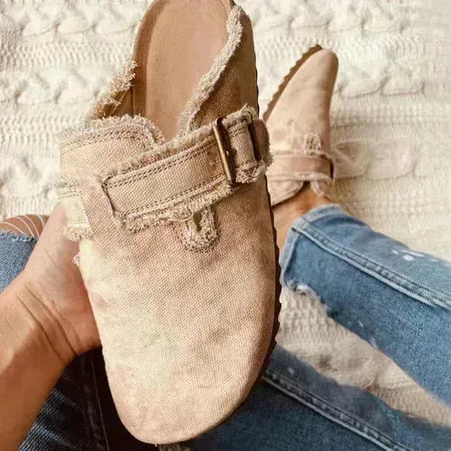 Women's Vintage Canvas Loafers - Flat Heel Round Toe Clogs