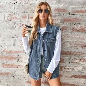Women's Washed Denim Loose-fitting Waistcoat Waistcoat Top Cardigan