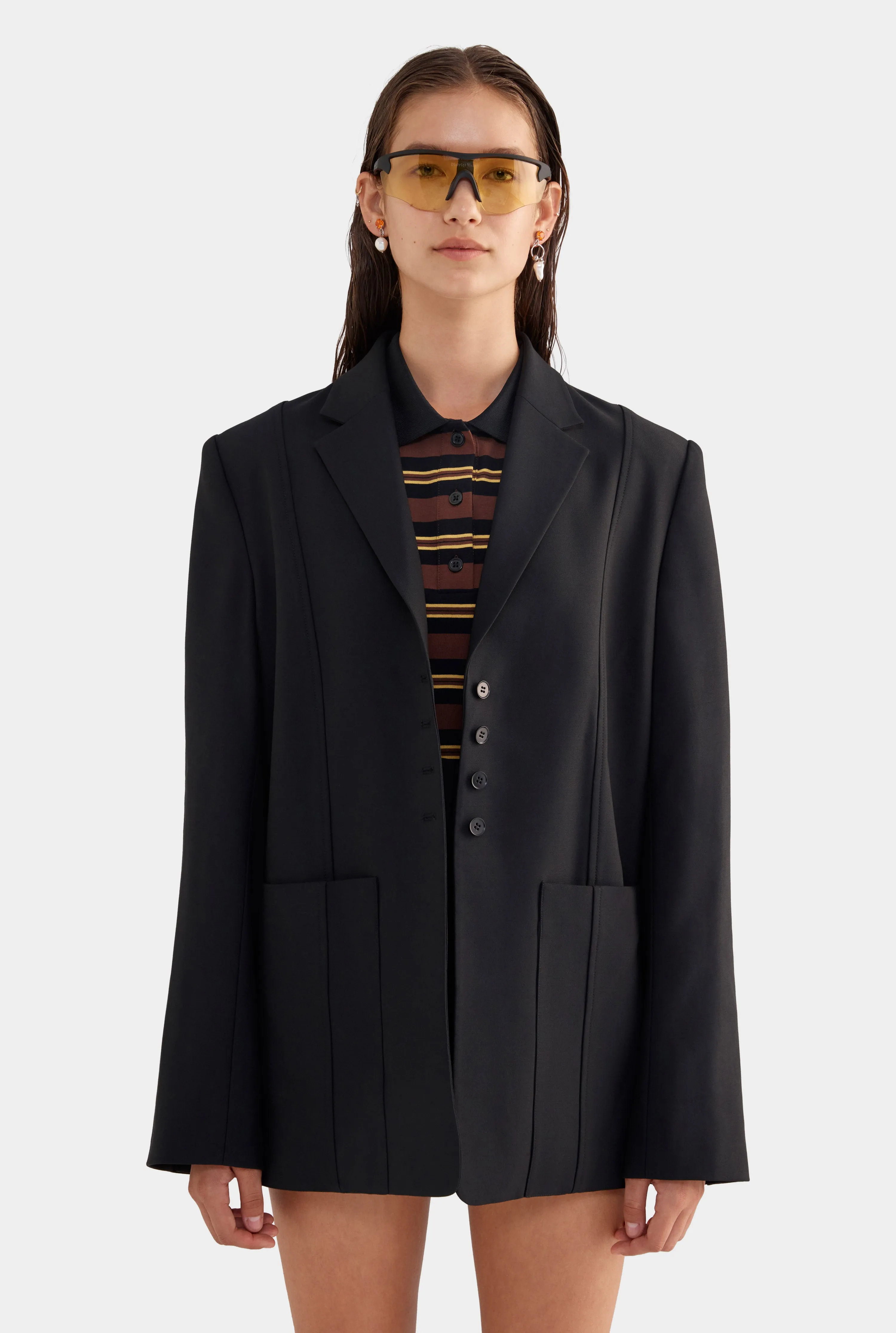 Wool Pinstitch Blazer - Black