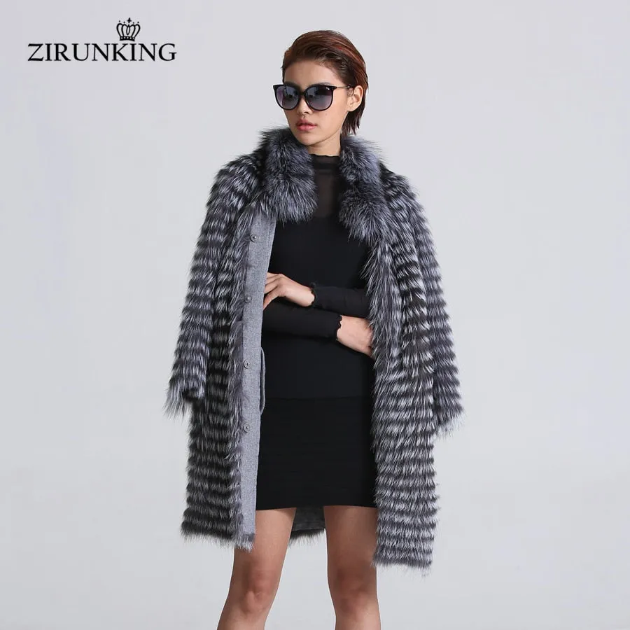 ZIRUNKING Women Real Silver Fox Fur Coats Fashion Fur Jacket Striped Style Overcoat Women Fox Fur Outerwear Clothes ZCW-02YL